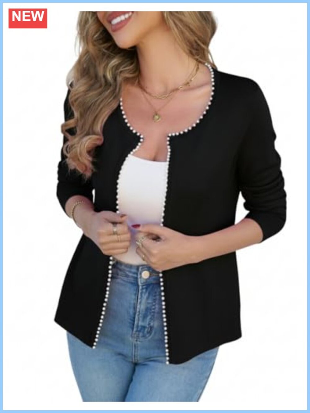 Pearl Trim Open Front Cardigan Lightweight Knit Long Sleeve Coatigan